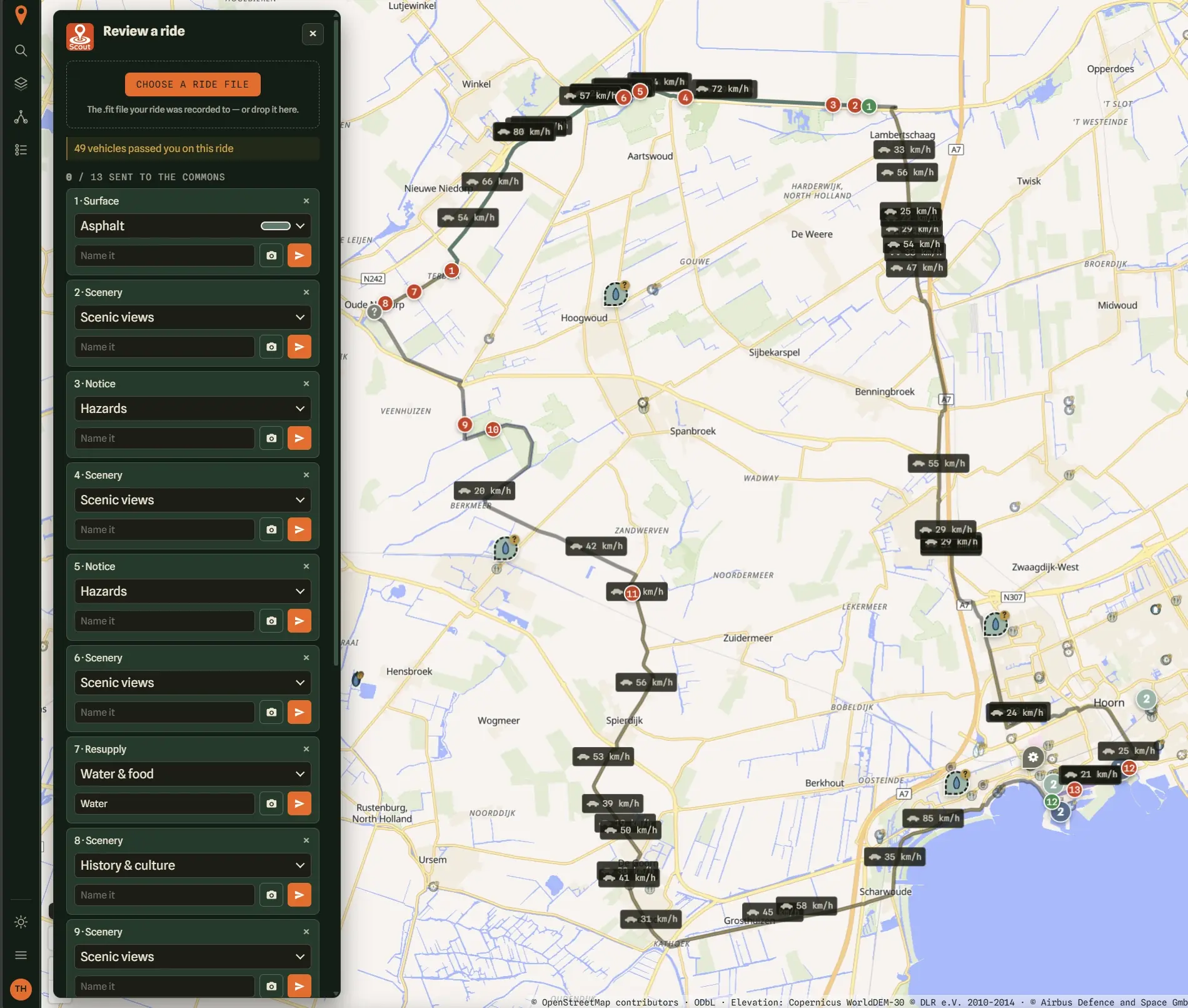 The Scout review screen: a ride's tags and surface stretches on the map, each one ready to send